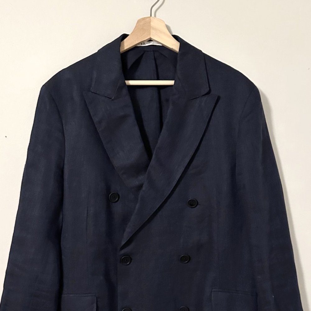 Zara Navy Linen Double Breasted Blazer Unlined/Unstructured L
